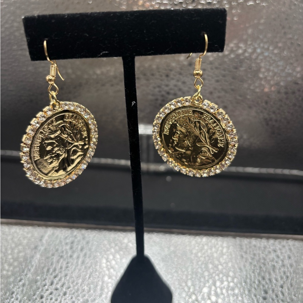 Gold Coin Drop Earrings with Crystal Accents